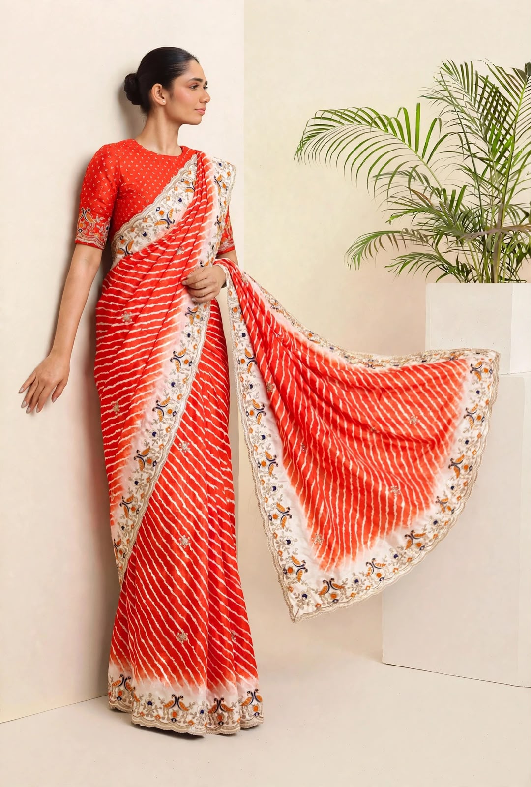 Soft Shinon Laheriya Print Saree with Embroidered Pallu & Border